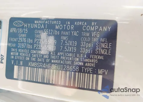 2015 Hyundai Santa Fe Limited z USA, uszkodzony, nr VIN KM8SR4HF8FU128658